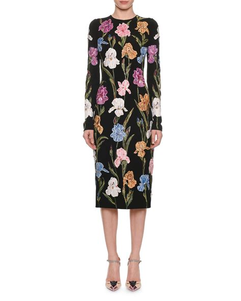 Dolce And Gabbana Long Sleeve Floral Embroidered Pencil Midi Dress