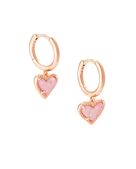 Ari Heart Rose Gold Huggie Earrings In Pink Drusy Kendra Scott