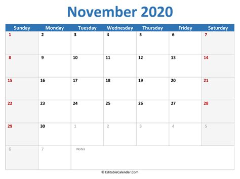 Download 2020 Printable Calendar November Pdf Version