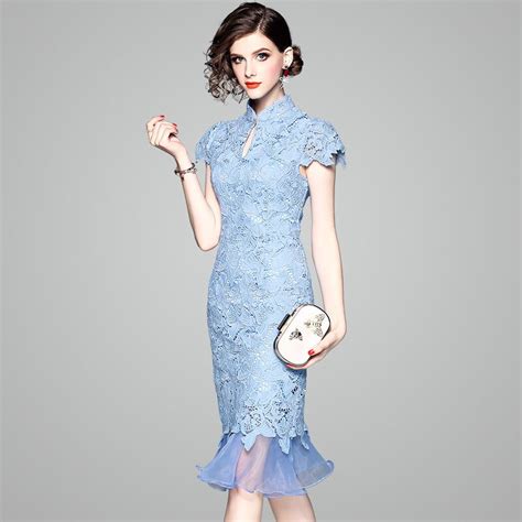 2018 Summer New Stand Collar Lace Womens High End Clothing Sky Blue