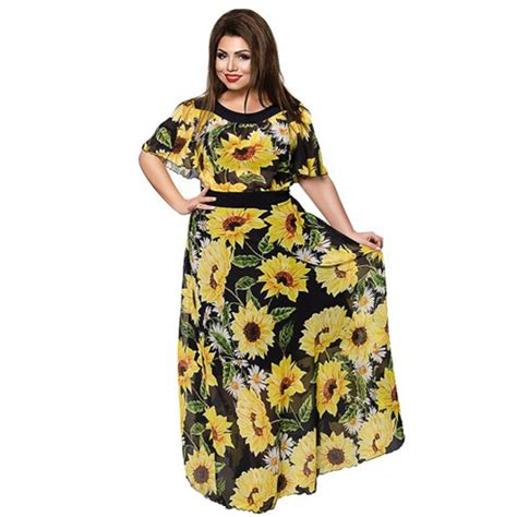 Buy 2018 Women Plus Size Clothing Summer Beach Dress Sunflower Floral Chiffon
