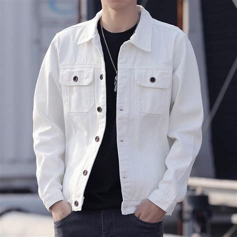 ฤดูใบไม้ร่วงและฤดูหนาวเกาหลีเสื้อแจ็คเก็ตสีขาวผู้ชายเสื้อแจ็คเก็ตยีนส์