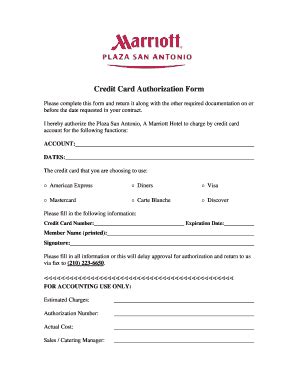 For automatic payment deductions and to allow third parties to charge credit card for certain payments, a cardholder can affix signature on a formal. marriott hotel credit card authorization form - Editable, Fillable & Printable Online Templates ...