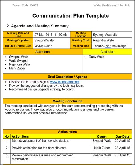 Free Communication Plan Template Nisma Info