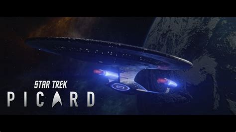 The Star Trek Picard Logo Is Shown In Front Of An Image Of A Space Ship