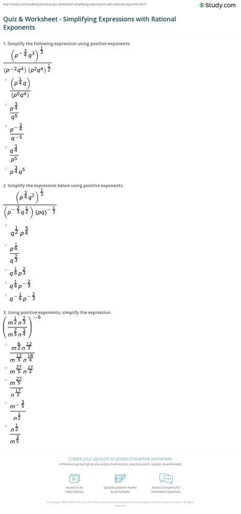 Quiz And Worksheet Simplifying Expressions With Rational Exponents