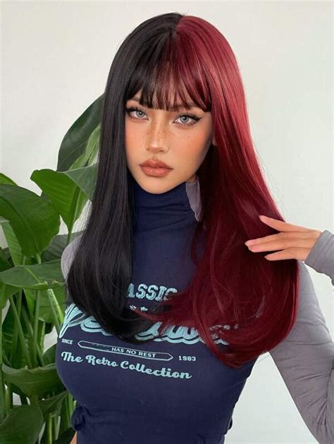 long half red half black wigs with bangs straight halloween cosplay women wigs synthetic hair