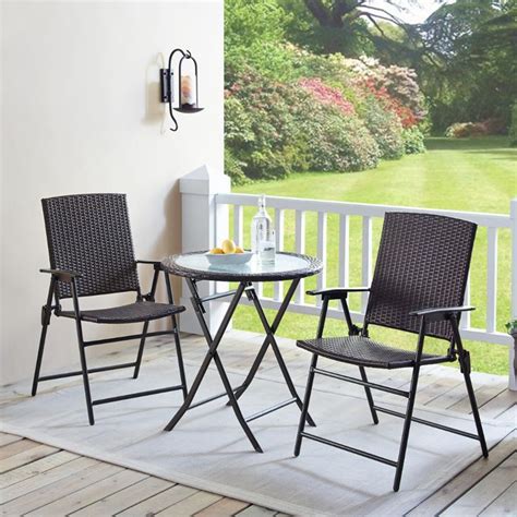 Wicker 3 Piece Folding Outdoor Bistro Set With Glass Table Top