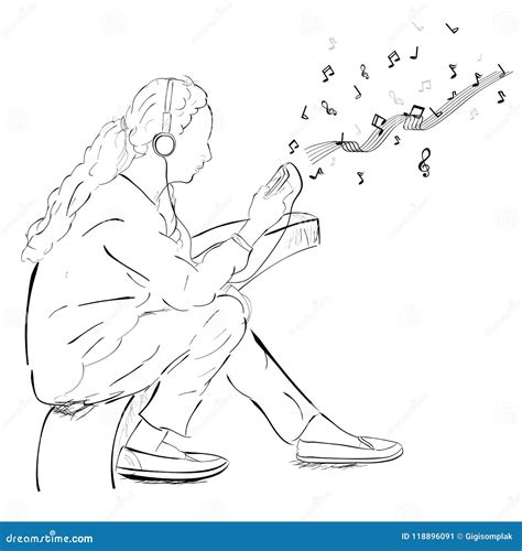 Sketch Young Girl Listening Music Thru Smartphone Stock Vector