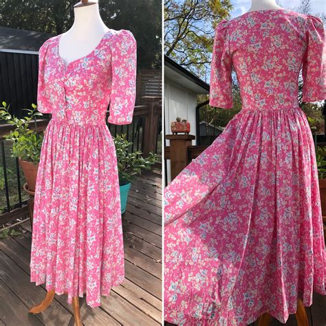80s Prairie Pink Floral Laura Ashley Midi Dress Sz S 80s Dresses