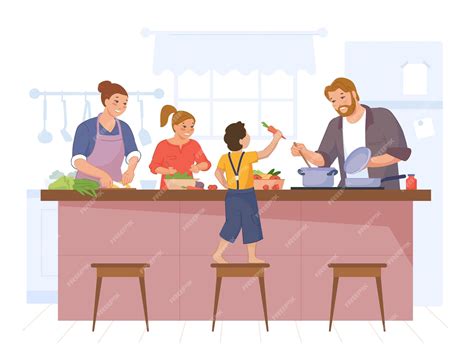 Heureuse Famille Cuisine Mère Père Et Enfants Cuisinent Le Dîner à La Maison à La Table De La