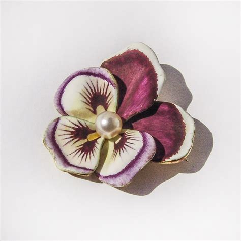 Enameled Pansy Flower Pearl Brooch Pin 14k Gold Enamel Ebay