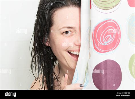 Shower Woman Happy Smiling Woman Washing Shoulder Showering In Stock