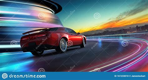 High Speed Generic Red Sports Car Driving In The City Stock Photo