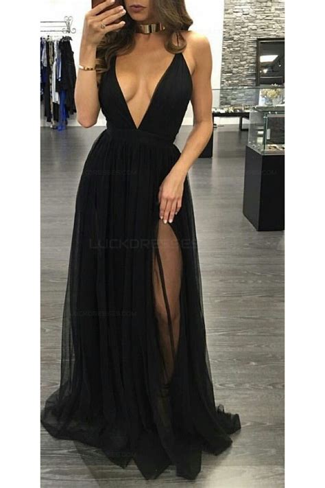 Sexy Long Black V Neck Prom Dresses Party Evening Gowns