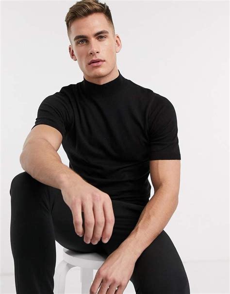 Asos Design Knitted Turtle Neck T Shirt In Black Mens Black Shirt Turtleneck Outfit Men Asos
