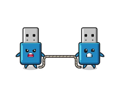 premium vector cute flash drive usb character is playing tug of war game