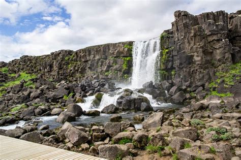 Oxararfoss Waterfall In Thingvellir National Park Iceland At Sunny