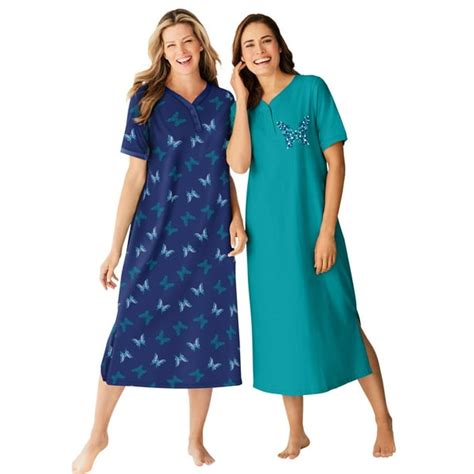 Dreams And Co Womens Plus Size 2 Pack Long Henley Sleepshirt Nightgown