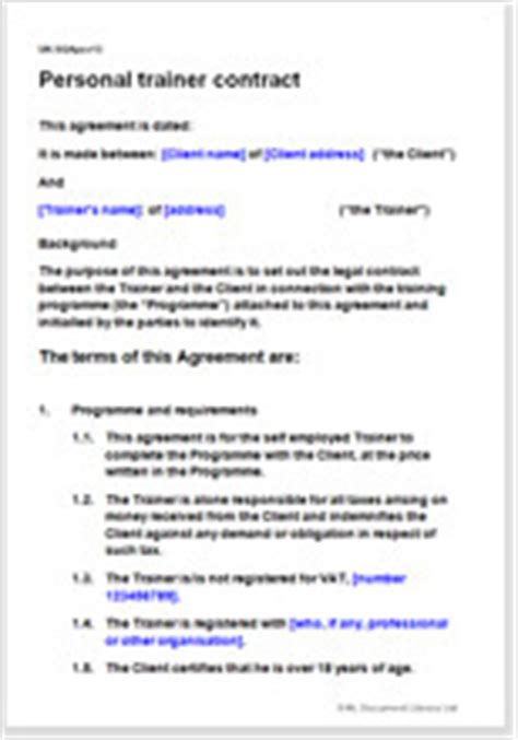 personal trainer contract template fitness coach agreement
