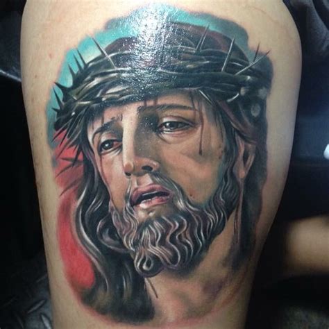 See more ideas about jesus tattoo, sleeve tattoos, tattoos for guys. Colorful Realistic Jesus Tattoo On Thigh
