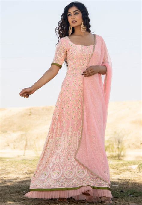 Embroidered Georgette Abaya Style Suit In Peach Kkz35