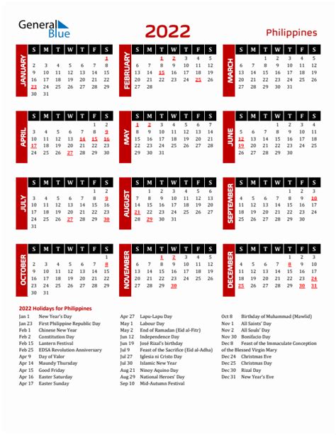 2022 Philippines Calendar With Holidays