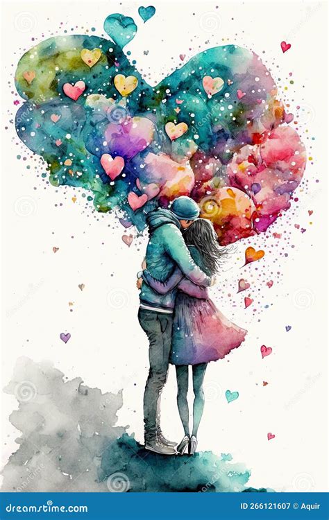 Pareja En El Amor Abrazándose Y Besándose Amor Joven Generado Por Ai Acuarela Ilustrativa De