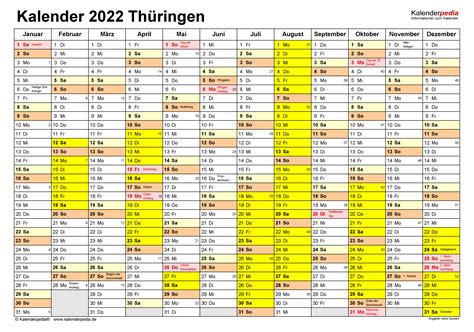 Kalender 2022 Thüringen Ferien Feiertage Excel Vorlagen