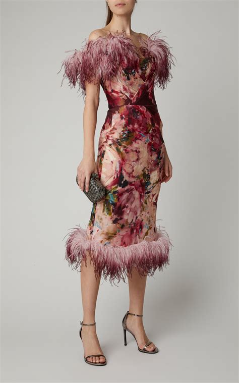 feather trimmed floral print silk dress by marchesa now available on moda operandi silk print