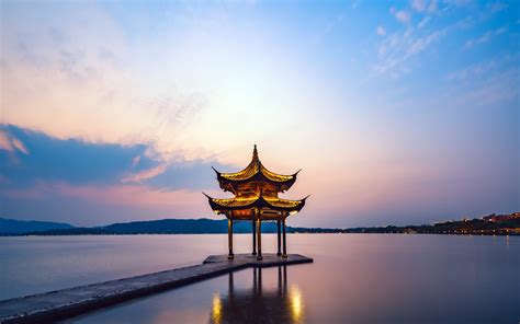 Hangzhou West Lake Tourism Sunset Rest Pavilion 4k Wallpaper