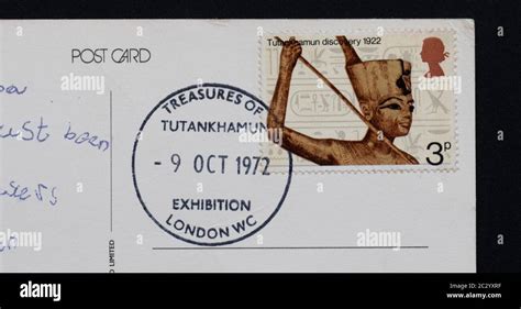 tutankhamun exhibition at the british museum london in 1972 postcard with tutankhamun stamp