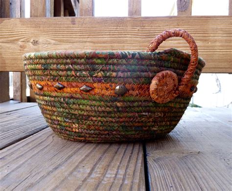 Spring Green Coiled Rope Clothesline Basket Handmade Quilted Fiber Art