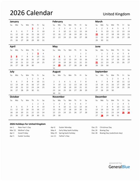 Standard Holiday Calendar For 2026 With United Kingdom Holidays