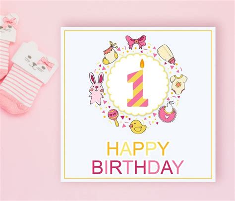 Pink First Birthday Card For Baby Girl 1st Bday Printable Etsy