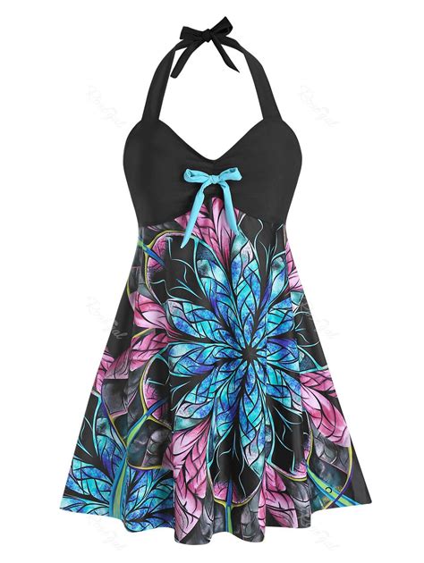 Plus Size Floral Print Halter Tankini Swimwear 27 Off Rosegal