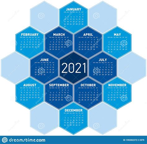 Blue Calendar Design For Year 2021 In An Hexagonal Pattern Stock Vector