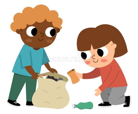 Cute Eco Friendly Kids Collecting Waste Boy And Girl Caring Of