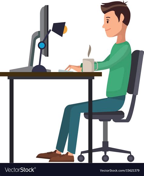Man Working Sitting In Desk Computer Work Space Vector Image