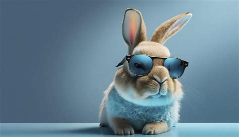Happy Cool Rabbit Funny With Sunglasses On Blue Bakcground Generate Ai