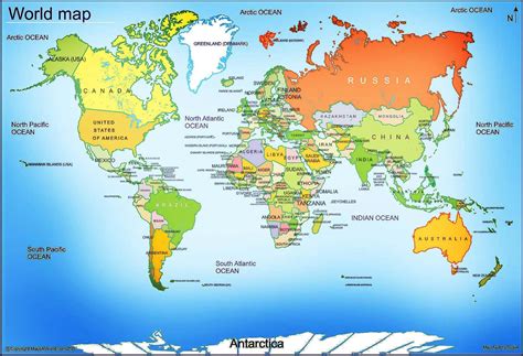 Printable World Map With Country Names The World Map Displays All The Continents Countries