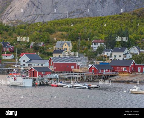 Traditional Red Wooden Houses In Reine Lofoten Norway Europe Stock