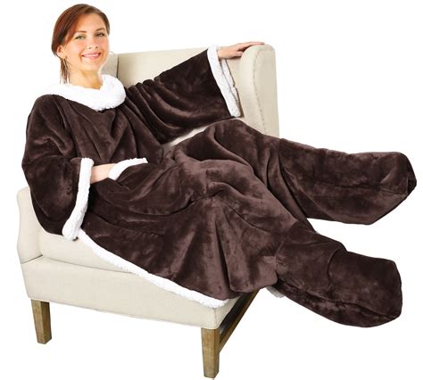 Sherpa Wearable Blanket With Sleeves And Foot Pockets For Adult Women Mencomfy Snuggle Wrap