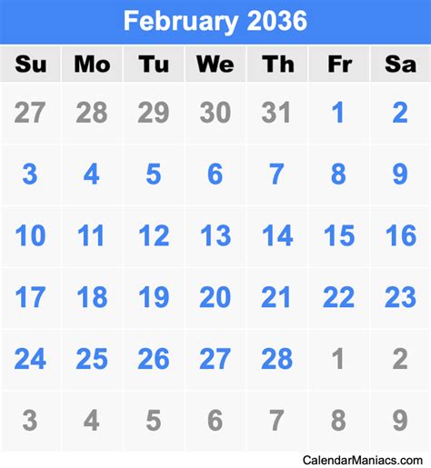 February 2036 Calendar