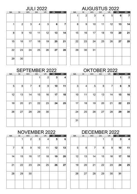 Kalender Juli Augustus September Oktober November December 2022