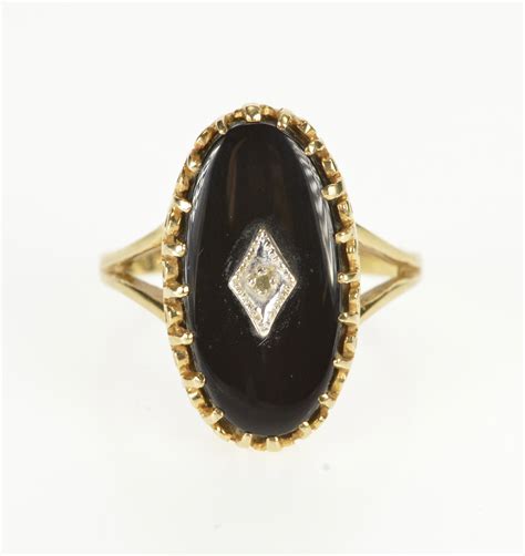 10k Oval Black Onyx Diamond Overlay Filigree Yellow Gold Ring Size 8