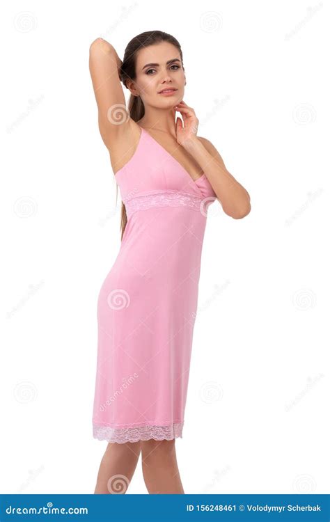 Seductive Brunette Woman Standing In Nightie Isolated Stock Image Image Of Lips Love 156248461