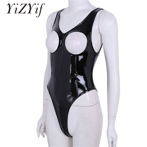 Yizyif Women Bodysuit Open Bust Crotch Sexy Body Suit One Piece Wetlook Faux Leather Lingerie
