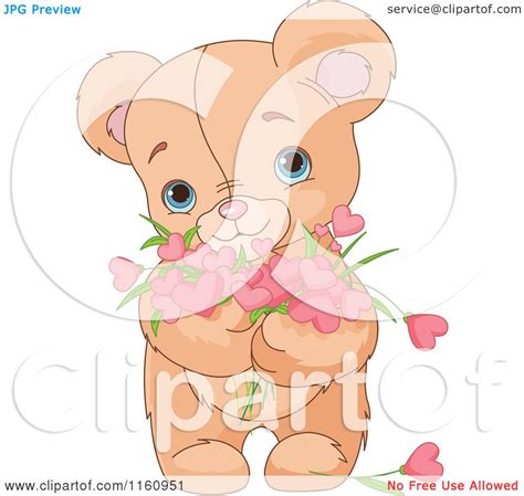 Cartoon Of A Cute Teddy Bear Holding Valentine Flower Hearts Royalty