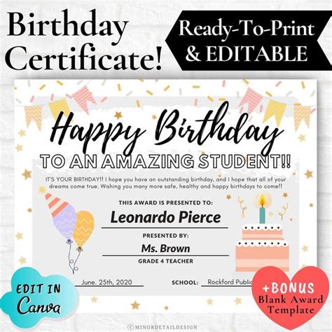 Happy Birthday Certificate Happy Birthday Award Certificate Etsy